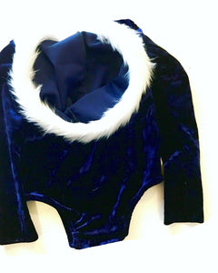 Fur-trimmed Hooded Velvet Leotard NAVY (XMAS ORDERS CLOSED)